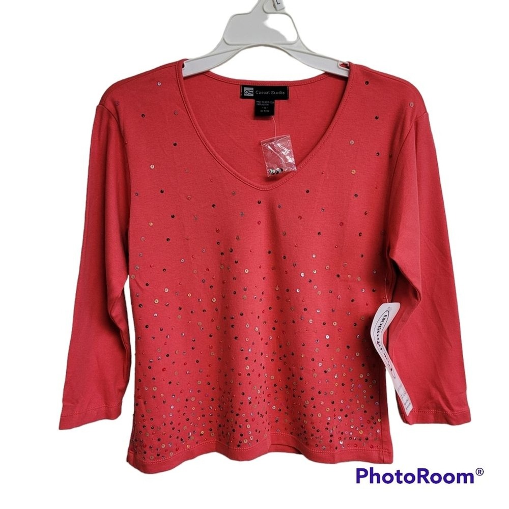 Casual Studio Coral Pink Sequined 3/4‎ Sleeve Top Women's Size Small